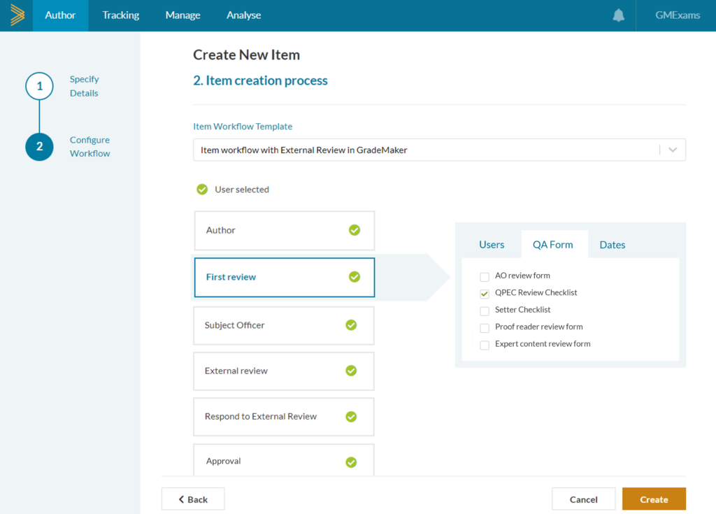 Workflow creator choosing Quality Assurance Form for Reviewer