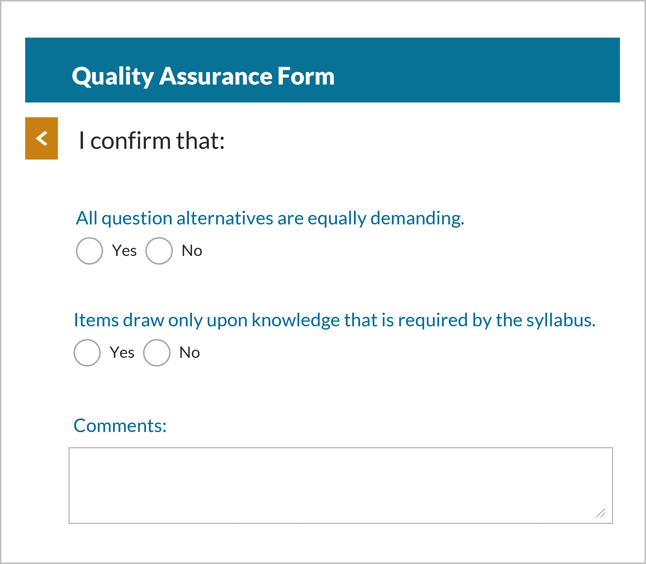 Test Quality Assurance Form Short