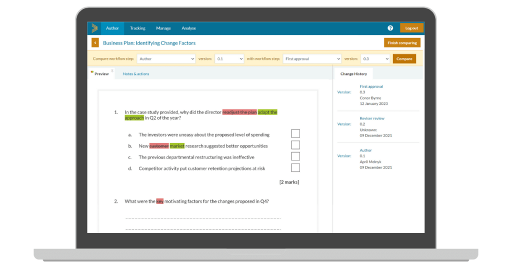 Comparing changes made to your test questions in GradeMaker